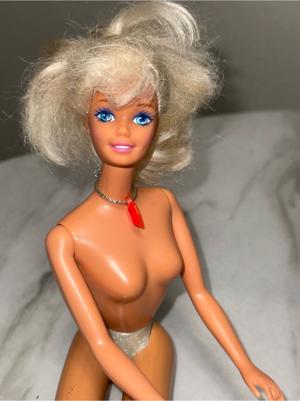 Barbie Mattel Vintage Nude Doll Blonde Hair Blue Eyes Pink Necklace
